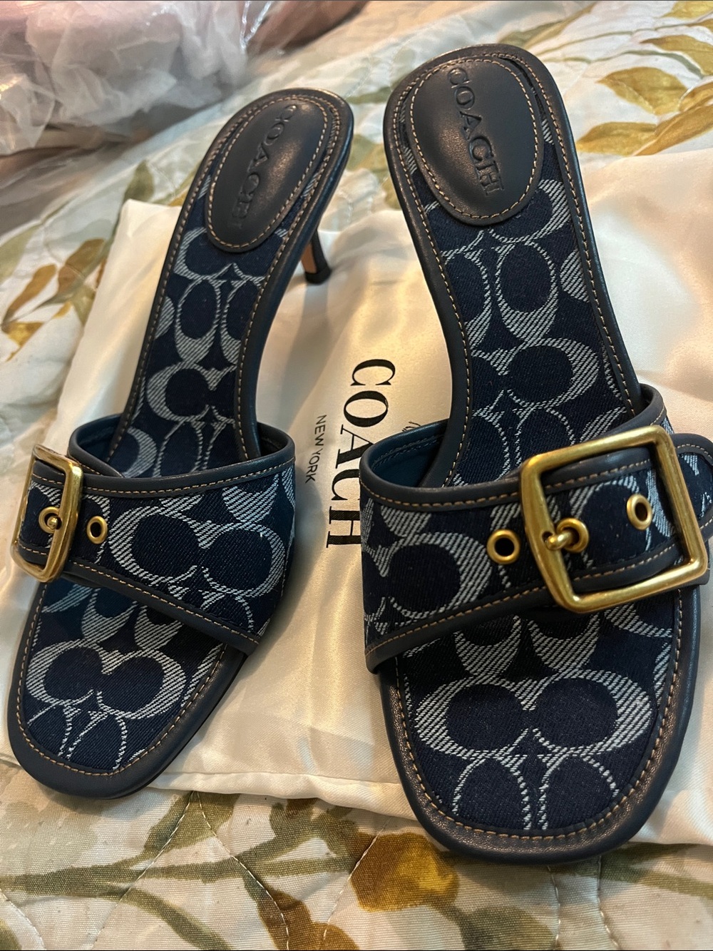 COACH Navy Signature Jacquard Slide Heels with Gold Buckle